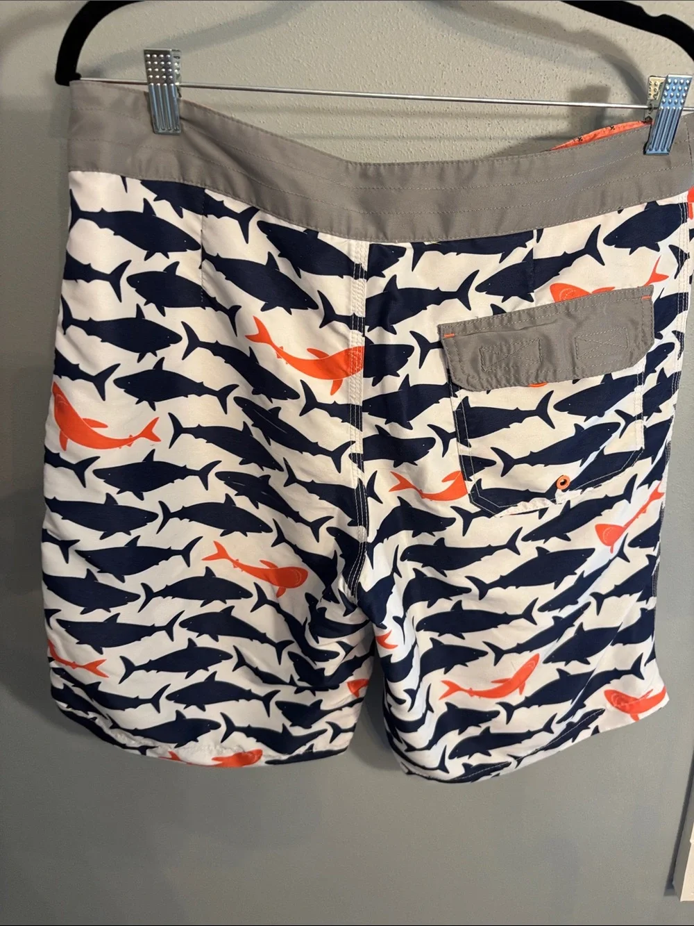 Sperry Men's Shark-Print Swim Trunks - Navy & Orange, size 34